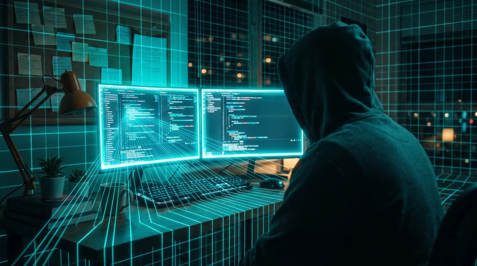 Monitörlerden taşan neon mavi çizgiler odayı bir ızgaraya dönüştürmeye başlıyor